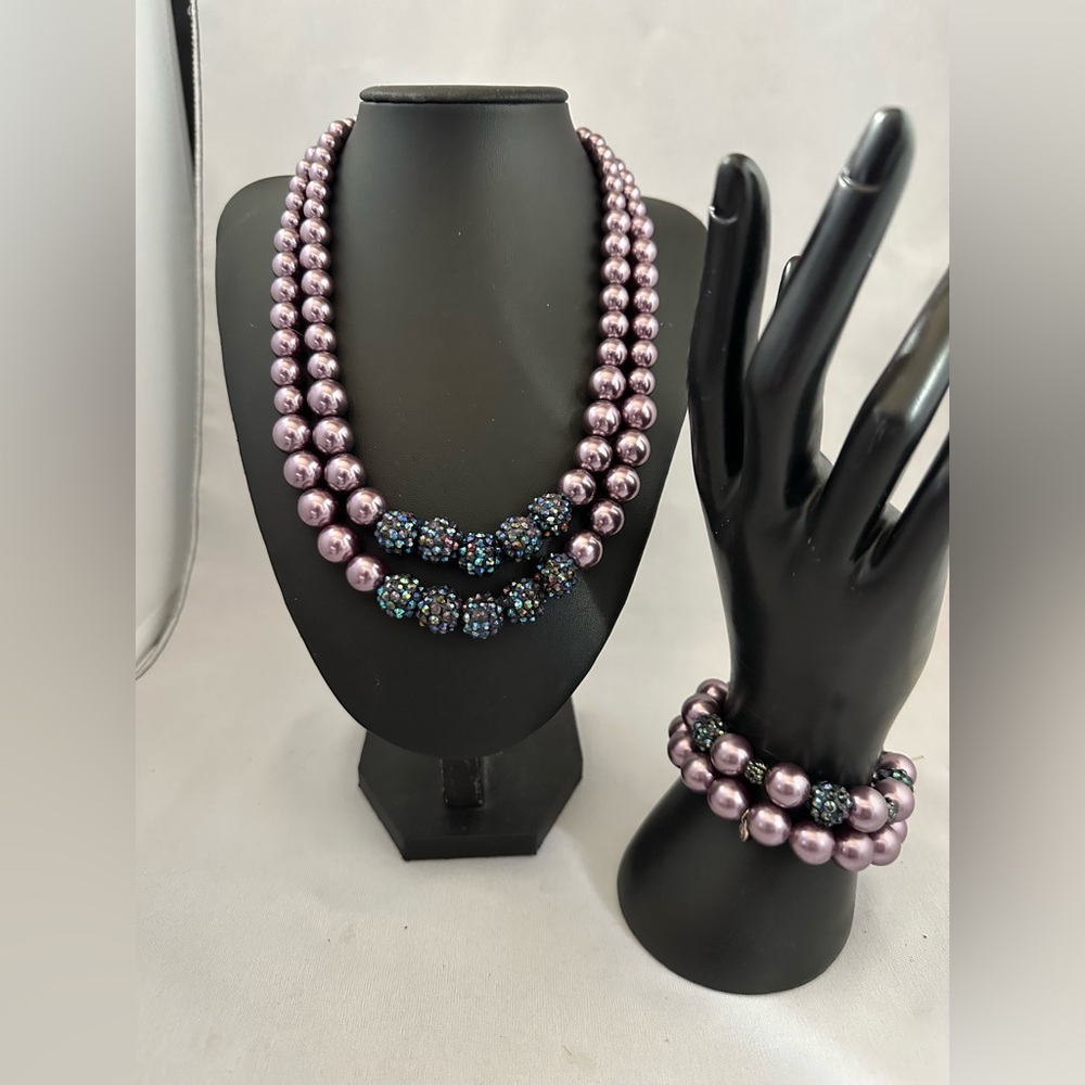 Roman purple faux pearl and dark AB rhinestone bead necklace and two bracelets